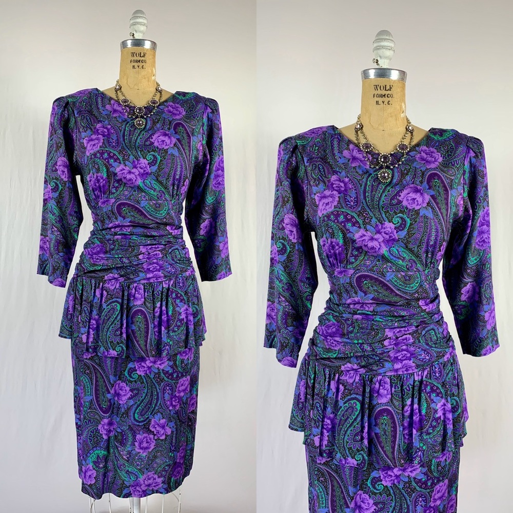 80s Does 40s Floral Paisley Peplum Flounce Dress